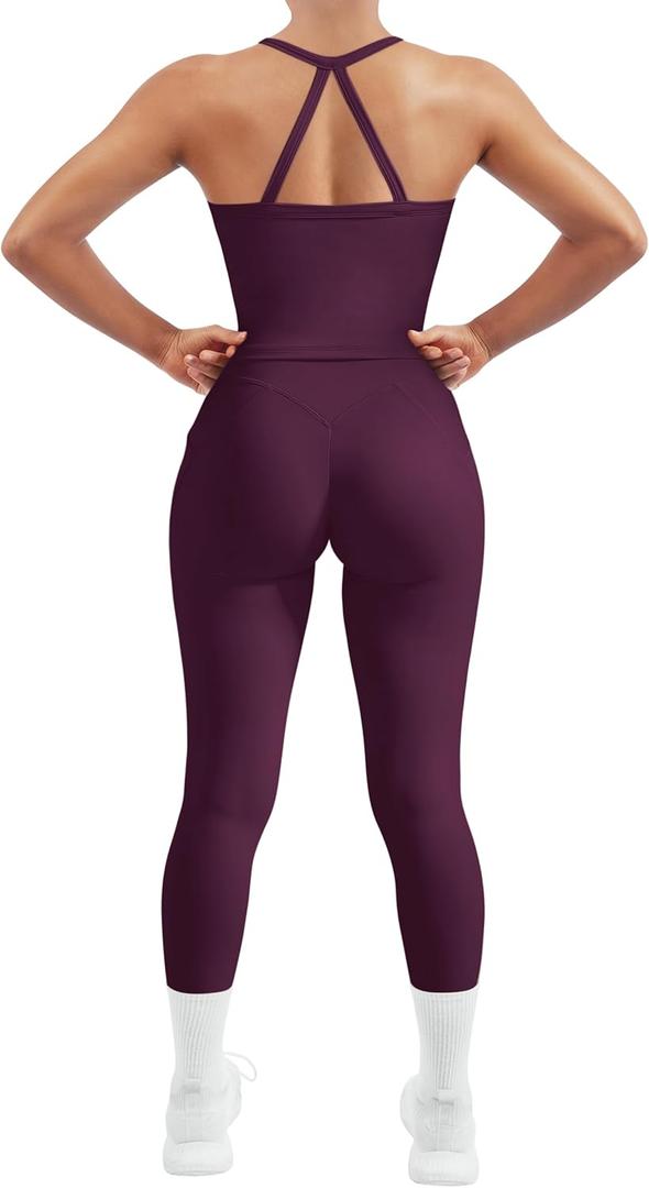 SUUKSESS Women 2 Piece Workout Sets Compression Tummy Control Leggings with Pockets Halter Built in Bra Tank Tops (Large, Violet)