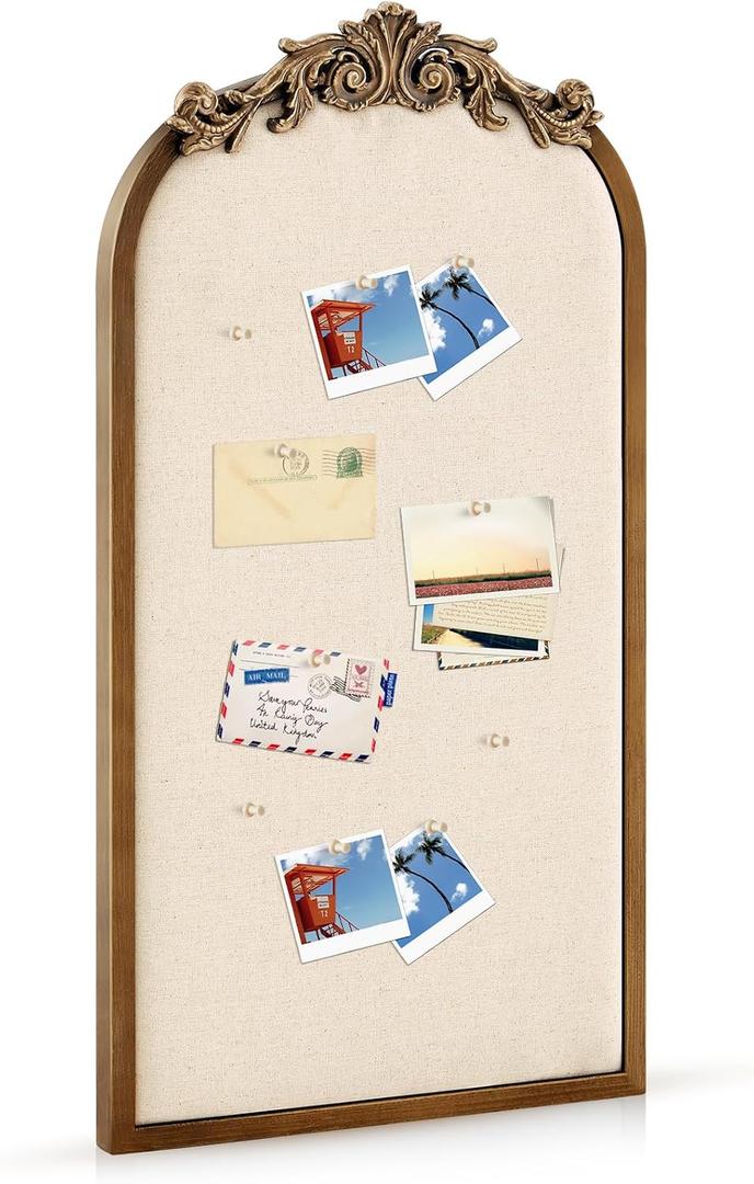 Wonderjune Vintage Framed PinBoard Linen Display Bulletin Board Large Cork Fabric Picture Photo Memo Pinboard Fancy Ornate Decorative Vision Board for Wall(Arch,13" X 25",Retro Golden)