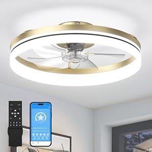 Ceiling Fans with Lights and Remote/ APP Control, 19.7in Flush Mount Ceiling Fan with Light, Smart Low Profile Ceiling Fan 6 Wind Speeds, 3000K-6500K Dimmable LED Ceiling Fan Light for Bedroom, Gold