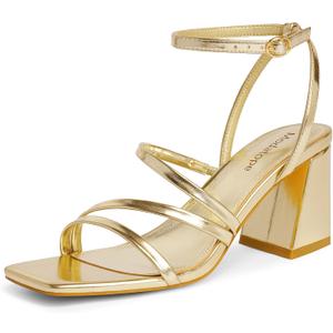 Modatope Women Heeled Sandals Strappy Heels Square Open Toe Chunky Block Heels Ankle Strap Sandals for Women Comfortable Heels (8, Gold)