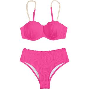 MakeMeChic Women's 2 Piece Bikini Set Textured Pearl Beaded Strap Scallop Trim High Waist Swimsuit (Large, Hot Pink)