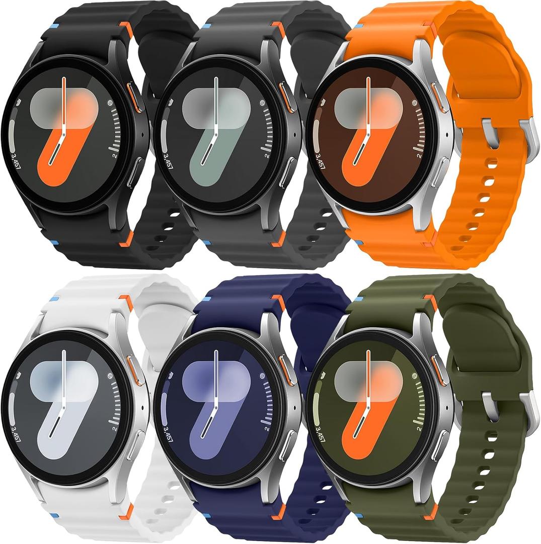 6 Pack Sport Band Compatible with Samsung Galaxy Watch 7 Band 40mm 44mm, No Gap Soft Silicone Strap for Galaxy Watch 6 5 4 FE/Galaxy Watch 6/4 Classic 47mm 43mm 46mm 42mm/Watch 5 Pro 45mm Men Women (01-Black/Dark Grey/Orange/White/NavyBlue/ArmyGreen)