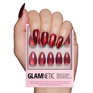 Glamnetic Press On Nails - Ruby Slipper | Deep Red Sparkly Short Almond Fake Nails with a Velvet Finish, Salon Quality | 15 Sizes - 30 Nail Kit with Glue