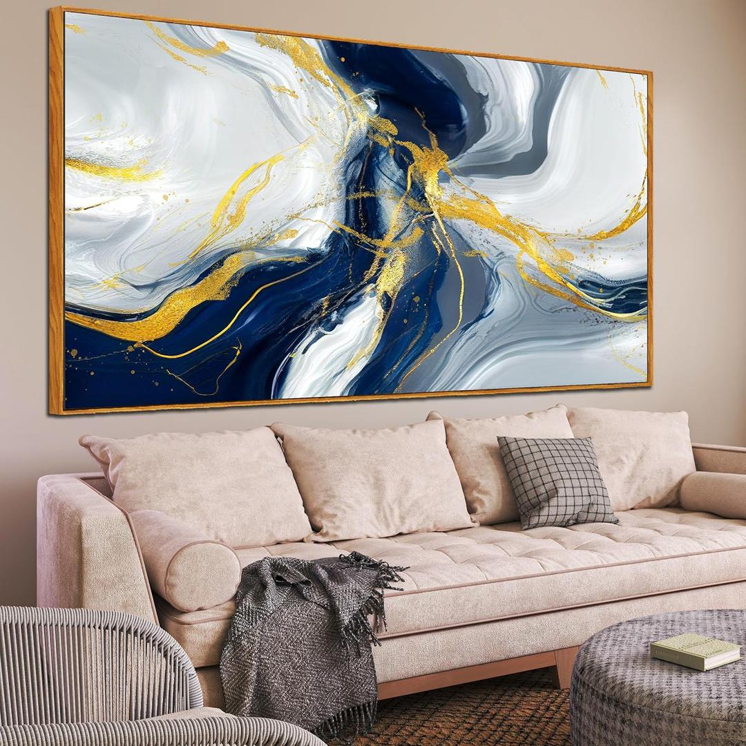 Large Framed Abstract Wall Art Modern Blue Golden Grey Abstract Picture Framed Canvas Prints Ready to Hang for Living Room Bedroom Size 30x60