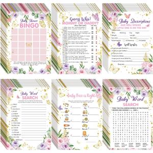 Sherr 320 Pcs Purple Butterfly Baby Shower Games: 6 Games Each 50 Sheets with 20 Pencils, Includes Baby Descriptions and Wishes, Guess Who, Bingo, Word Search