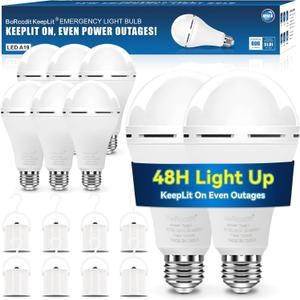 KeepLit 8PK Emergency Rechargeable Light Bulbs, 48H Battery Backup, 3 Brightness Levels, 12W 65W Equivalent A19 LED Bulbs Auto-On During Power Outage, for Hurricane, Emergency Use (Daylight)