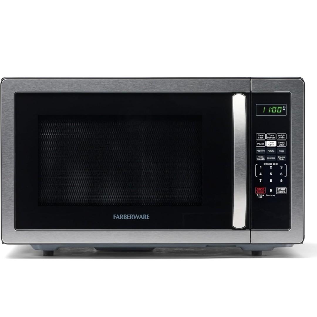 Farberware 1.1 Cu. Ft. Countertop Microwave Oven 1000 Watts Power, Auto Cook Settings, Defrost, Easy Clean and Child Safety Lock - Stainless