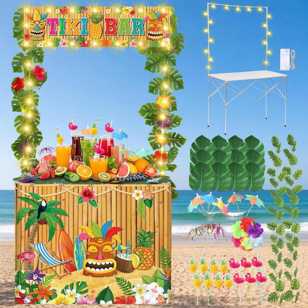 Haull 95PCS Tiki Bar Hut Kit LED Luau Hawaiian Party Decorations with Portable Table Tiki Bar Banner Table Skirts Tropical Garlands Flowers Straws and LED Lights for Summer Pool Beach Parties(Bamboo)