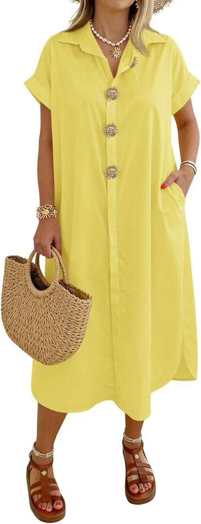 Wenrine Womens Summer Shirt Dress Casual Short Sleeve Button Maxi Dresses Beach Cover Up with Pockets, Small