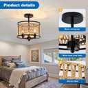 3 Light Rattan Ceiling Light Fixture 11inch Boho Semi Flush Mount Ceiling Light Black Hand-Woven Cage Wicker Chandelier for Farmhouse Bedroom Hallway Entryway Kitchen