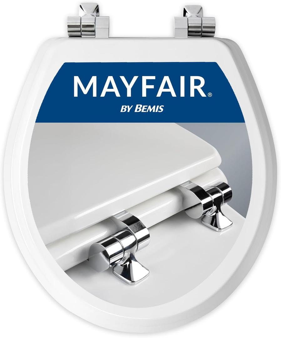 Mayfair Bennett Toilet Seat with Chrome Hinges, Slow Close Wood Seat, Secure Metal Hinges, Easy Install, Made in USA, Round, White