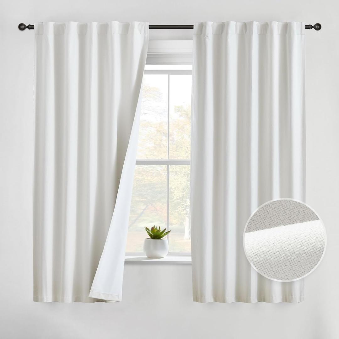Beauoop Linen 100% Blackout Curtains 63 Inches Long 2 Panels for Bedroom Living Room Cream with White Back Farmhouse Room Darkening Thermal Insulated Back Tab Rod Pocket Window Treatment Drapes, 52X63