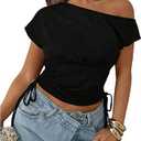 SOLY HUX Women Off Shoulder T Shirts Short Sleeve Ruched Slim Fit Tops Summer Going Out Tops M