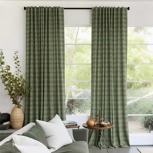 RYB HOME Green Plaid Curtains for Living Room Dining Room, Linen Blend Light Filtering Semi-Sheer Privacy Farmhouse Checkered Window Treatment for Kitchen Bedroom, 52x72 , 2 Panels OEKO-TEX STANDARD 100