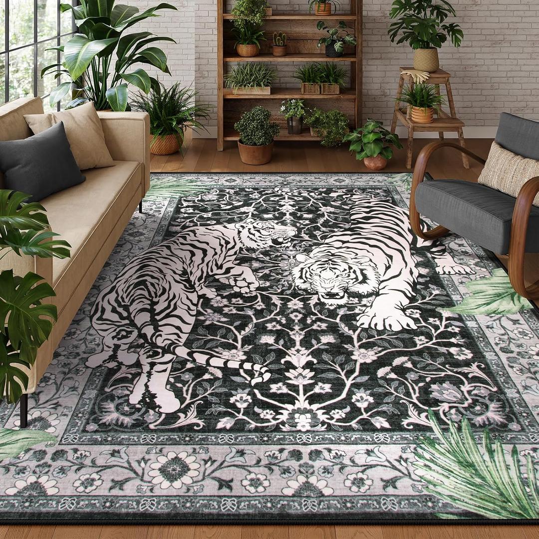Moynesa Tiger 8x10 Area Rug, Washable Boho Rugs for Living Room, Vintage Large Soft Dining Room Rug, Non Slip Ultra Thin Stain Resistant Floor Carpet for Home Office Bedroom, Black
