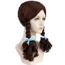 Hair Cap+18 inches Long Brown Wig with Double Braids Brown Braid Wig with Blue Ribbons Adult Middle Parted Outfit for Women Long Curly Costume Wavy Synthetic Hair for Halloween Theme Party
