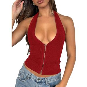 Fallorchid Womens Sleeveless Tank Tops Sexy Y2k Halter V Neck Ribbed Kint Crop Top (Red, XL)