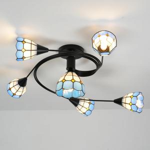 Tiffany Style Ceiling Light, Dome Shaped Stained Glass Flush Mount Ceiling Light, Retro Ceiling Lamp for Living Room Bedroom (B), 11.8"H x 35"W