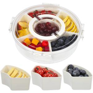 Divided Serving Tray with Lid, Removable 5 Compartment Fruit Storage Containers for Fridge, Divided Snack Veggie Fruit Tray with Lid, Platter Tray for Parties (Round)