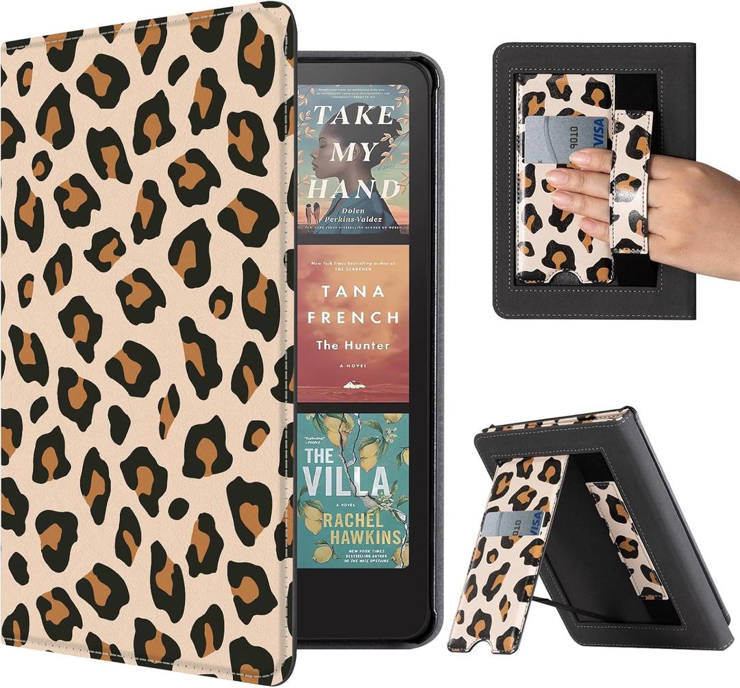 CoBak Stand Case for 7" Kindle Paperwhite 12th Gen 2024 and Kindle Colorsoft with Hand Strap - Compatible with iPhone MagSafe, for Samsung/Belkin/Anker Wireless Charging Pads, Durable, Auto Sleep Wake (Leopard)