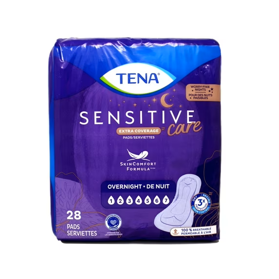 Tena Incontinence Pads, Bladder Control & Postpartum for Women, Overnight Absorbency, Sensitive Care, 28 Count