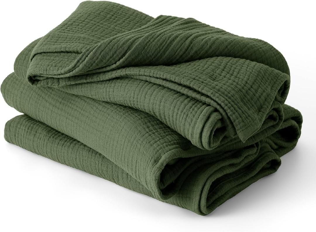 Bedsure 100% Cotton Muslin Throw Blanket Twin XL for Bed - 4-Layer Breathable and Lightweight Thin Soft Summer Gauze Muslin Blankets for Adults, Olive Green, 66x90 Inches