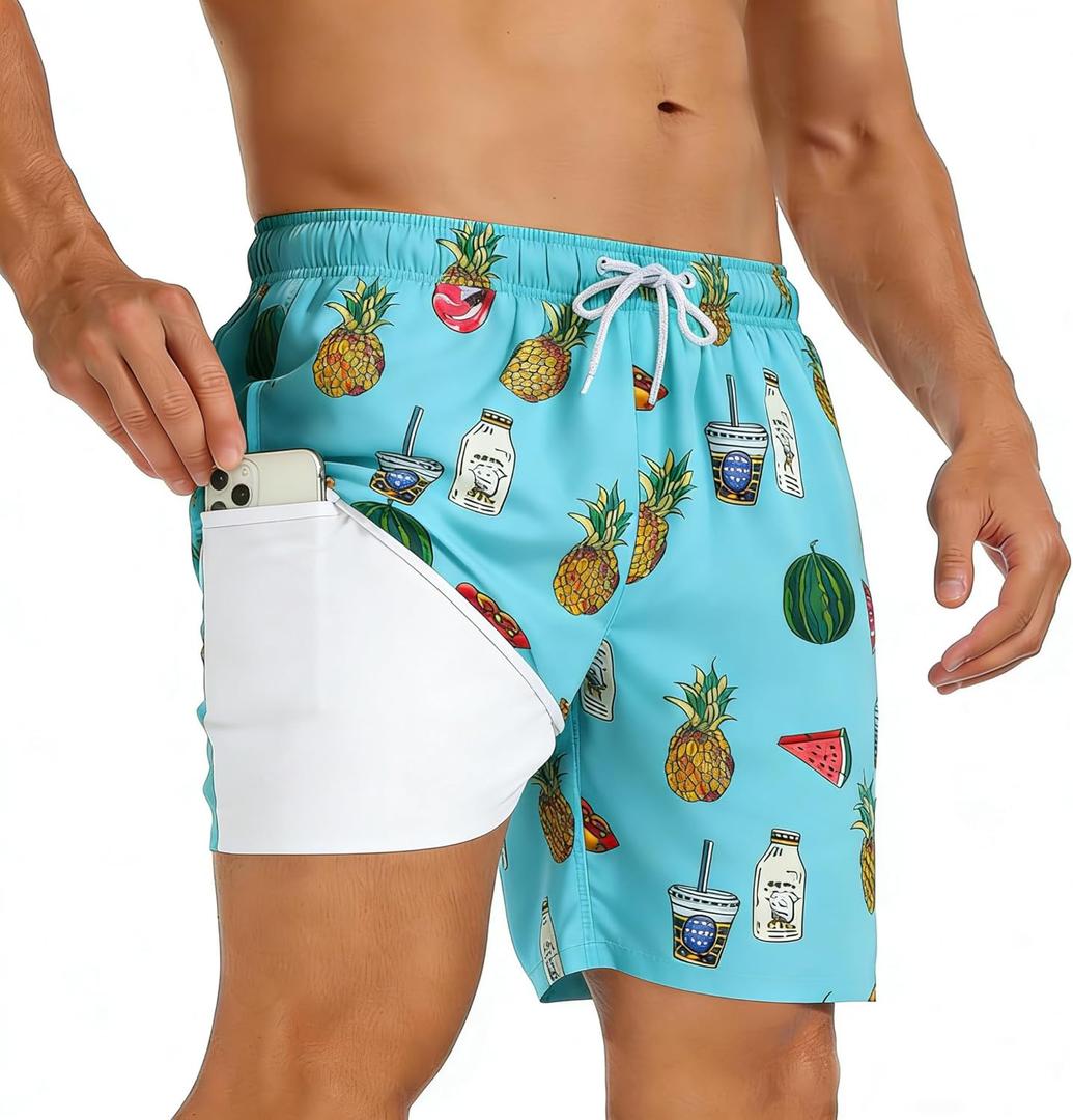 Mens Swim Trunks with Compression Liner 7 inch Inseam Quick Dry 2 in 1 Beach Board Shorts with Pockets S-3XL (Teal, S)