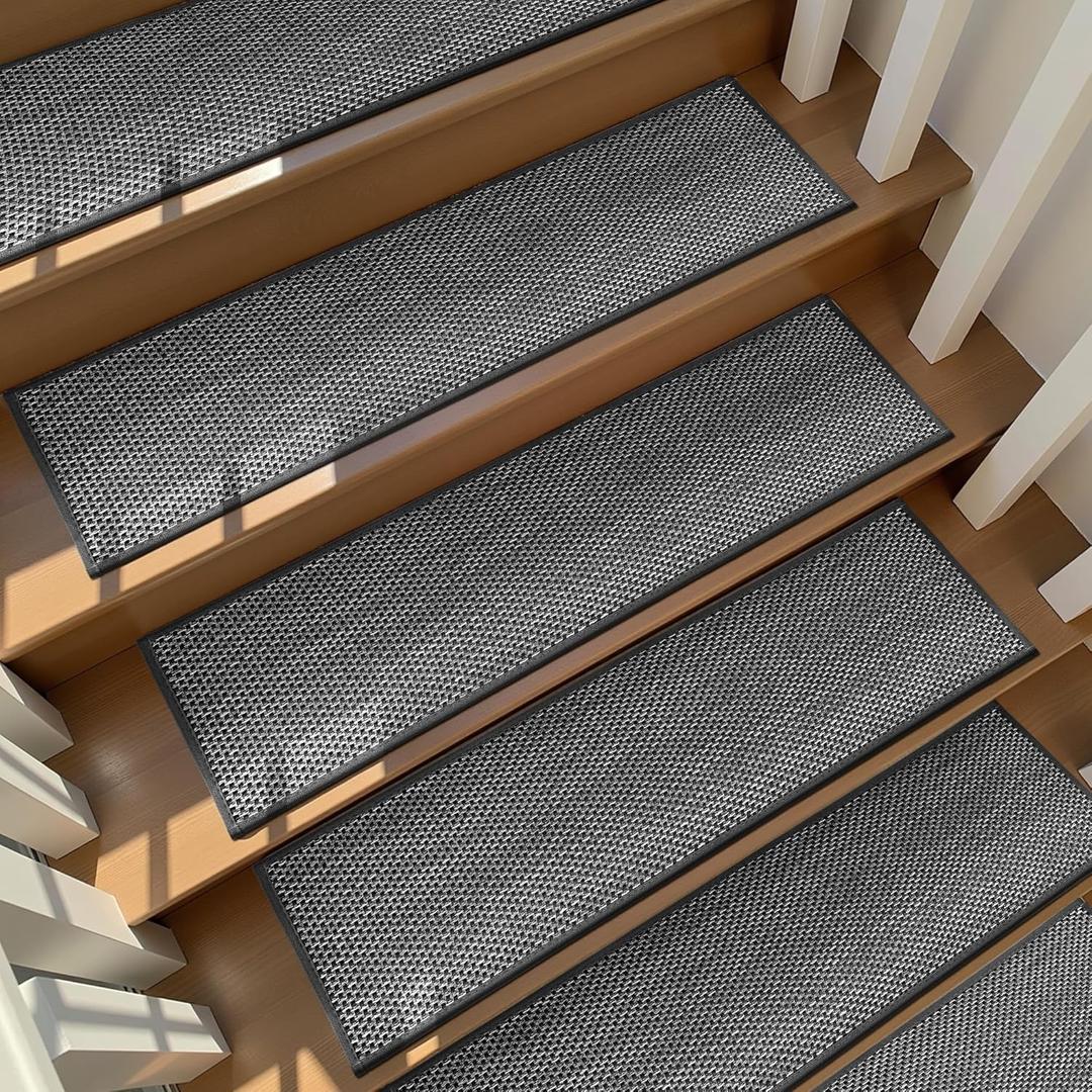 Deerly Linen Stair Treads Non Slip 10pcs Comfortable Stair Runner for Wooden Steps Peel and Stick Stairs Carpet Treads Indoor Staircase Covers Mat with Self-Adhesive Backing 8"X30" Black White