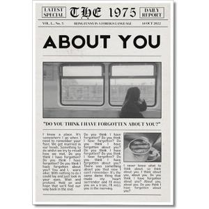 XMJJQQ Vintage The 1975 Canvas Wall Art Healy Music Being Funny in a Foreign Language Poster For Room Aesthetic Black White Song Lyric About You Wall Decor Newspaper Print For Bedroom 16x24in Unframed