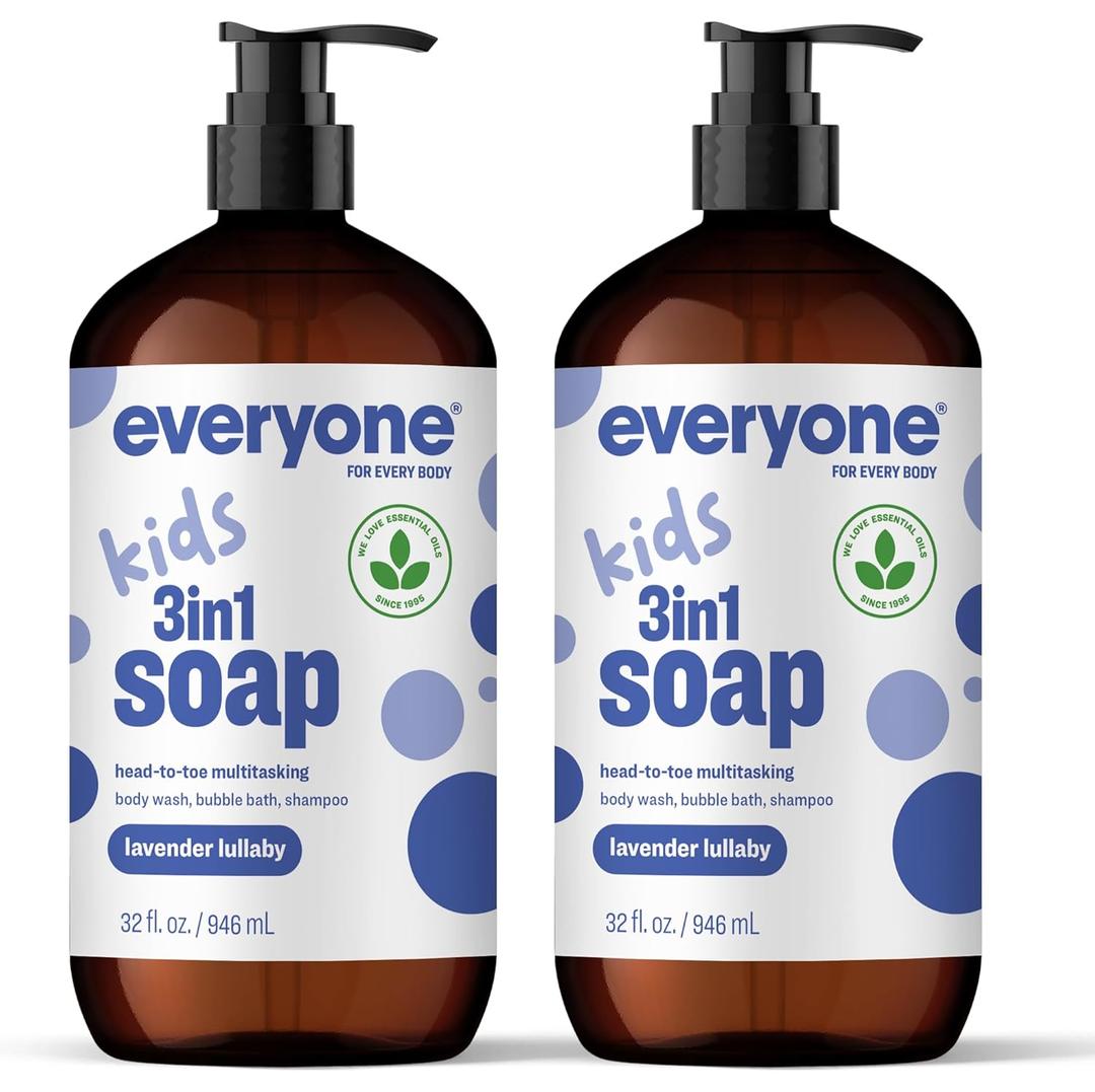 Everyone 3-in-1 Kids Soap, Body Wash, Bubble Bath, Shampoo, 32 Ounce (Pack of 2), Lavender Lullaby, made with Essential Oils for Toddlers