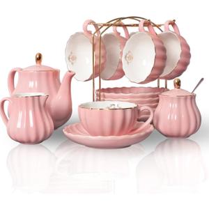 Sweejar Porcelain Tea Sets British Royal Series, 8 OZ Cups & Saucer Service for 6, with Teapot Sugar Bowl Cream Pitcher Teaspoons and Tea Strainer, Suitable for High Tea, Wedding, Party (Pink)