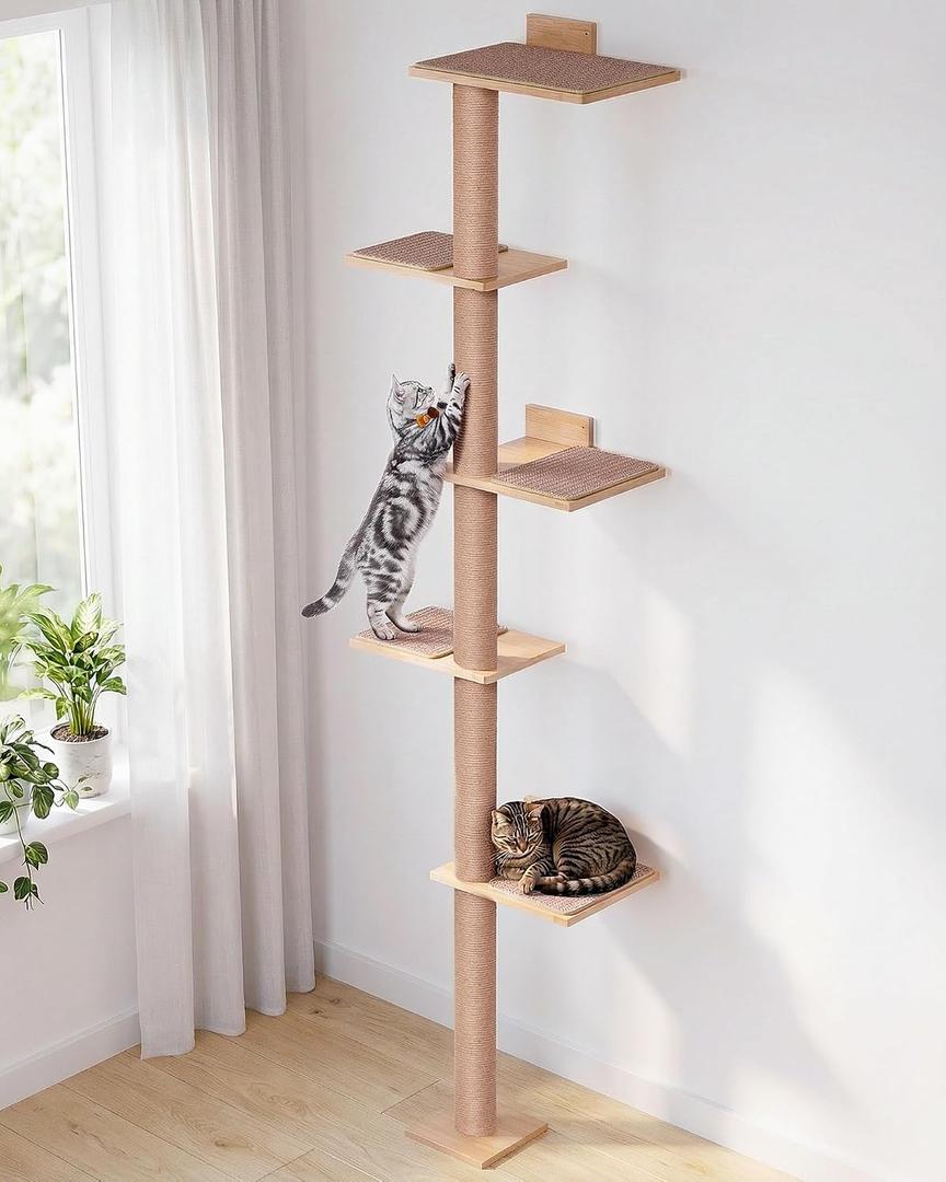 80.3" Tall Cat Tree for Wall, 5 Tier Floor to Ceiling Cat Tree, Adjustable Wall Mounted Cat Tree with 15.7" Top Perch Bed for Large Adult Cats