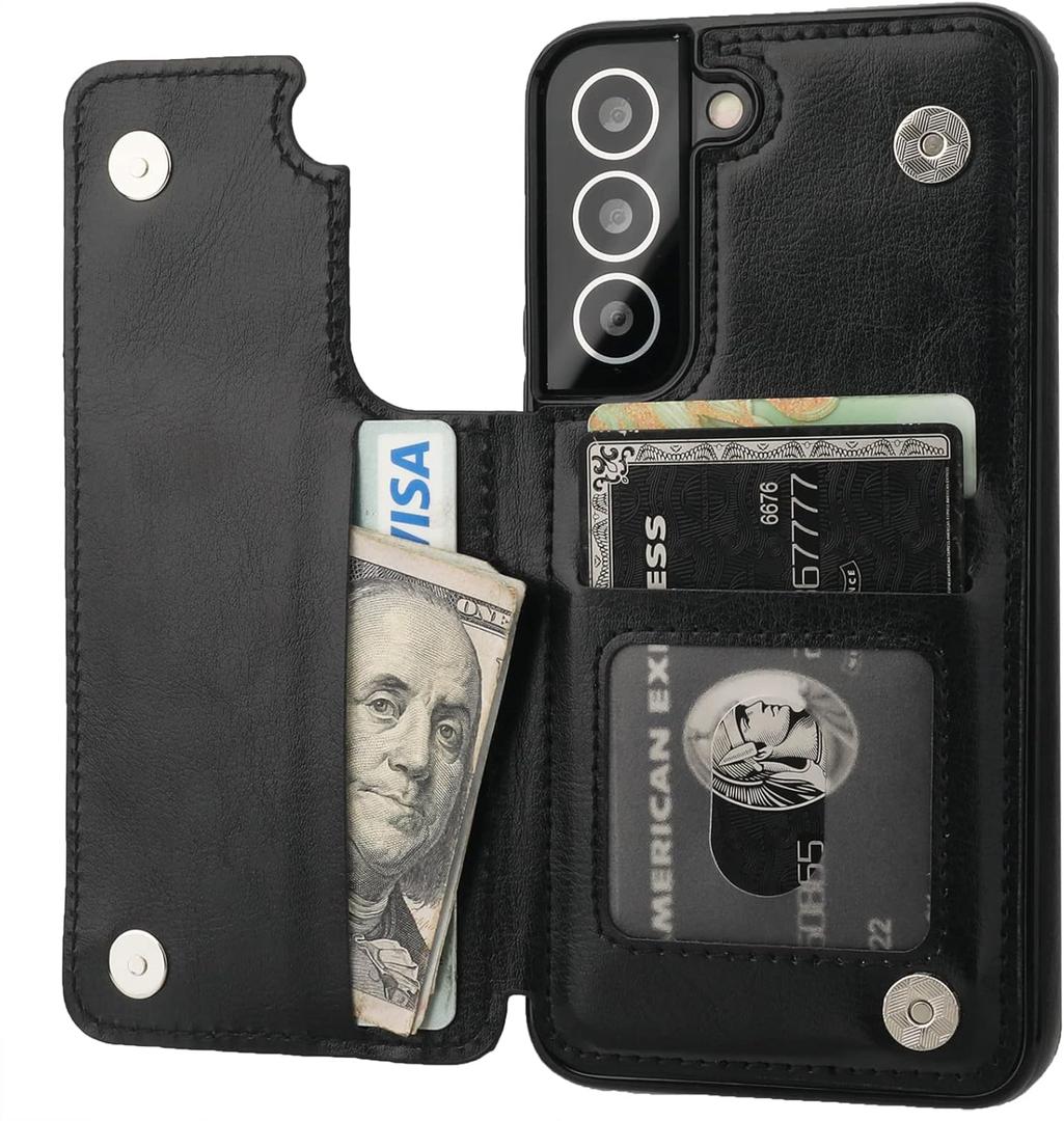 ONETOP Compatible with Samsung Galaxy S22 Wallet Case with Card Holder, PU Leather Kickstand Card Slots Case, Double Magnetic Clasp and Durable Shockproof Cover 5G 6.1 Inch (Black)