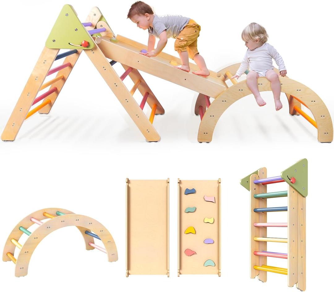LOL-FUN Pikler Triangle Set with Slide for Toddler 1-3, Montessori Climbing Toys for 1 Year Old, Toddler Climbing Toys Indoor Pickler Climbing Set, Foldable Wooden Climber Jungle Gym for Kids, Medium, Small