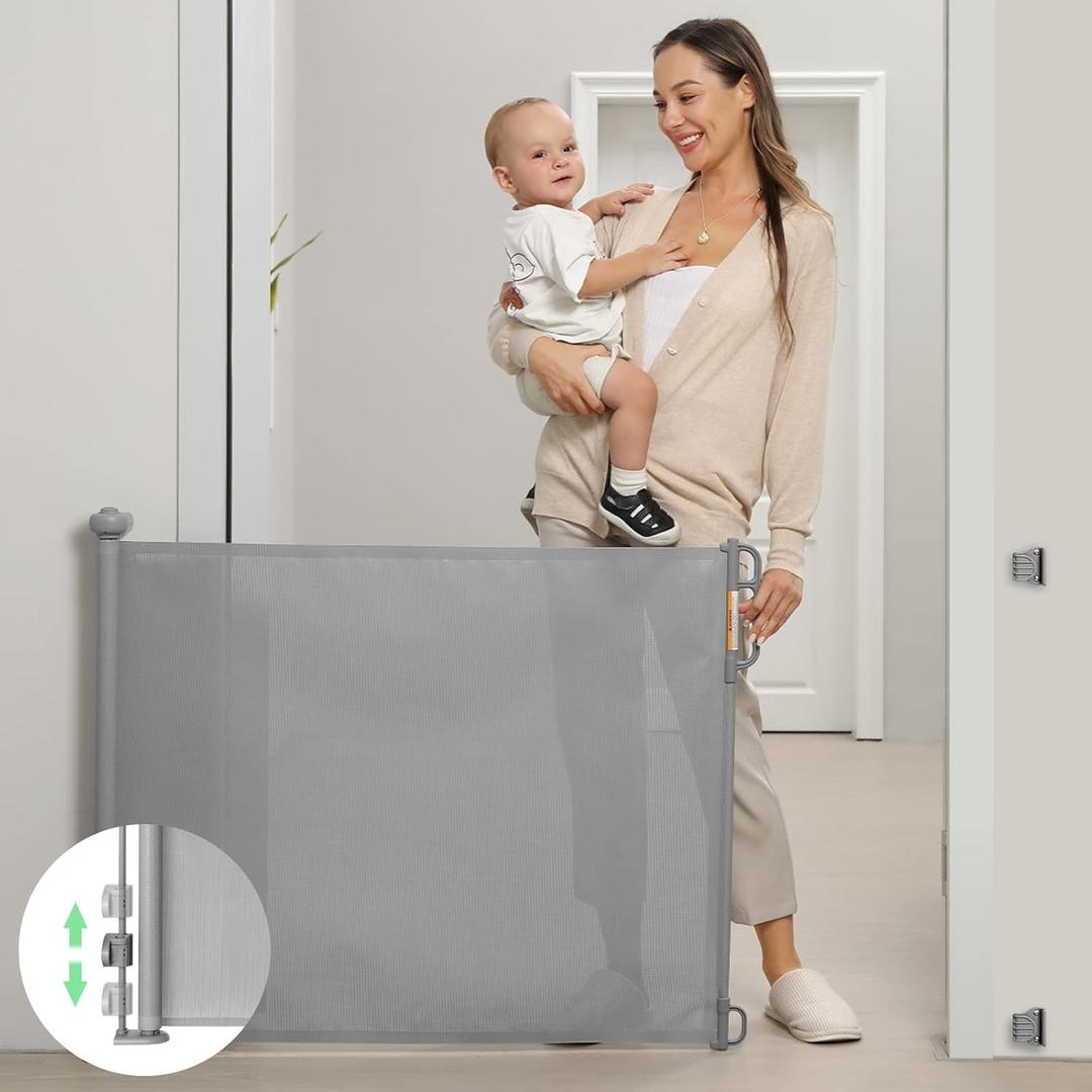 Momcozy Retractable Mesh Baby Gate or Dog Gate, Child Safety Gate for Indoor or Outdoor, 33-inches Tall with up to 55-inches Wide Extension, Avoid Skirting Installation, Grey (33" Tall x 55" Wide, Gray)