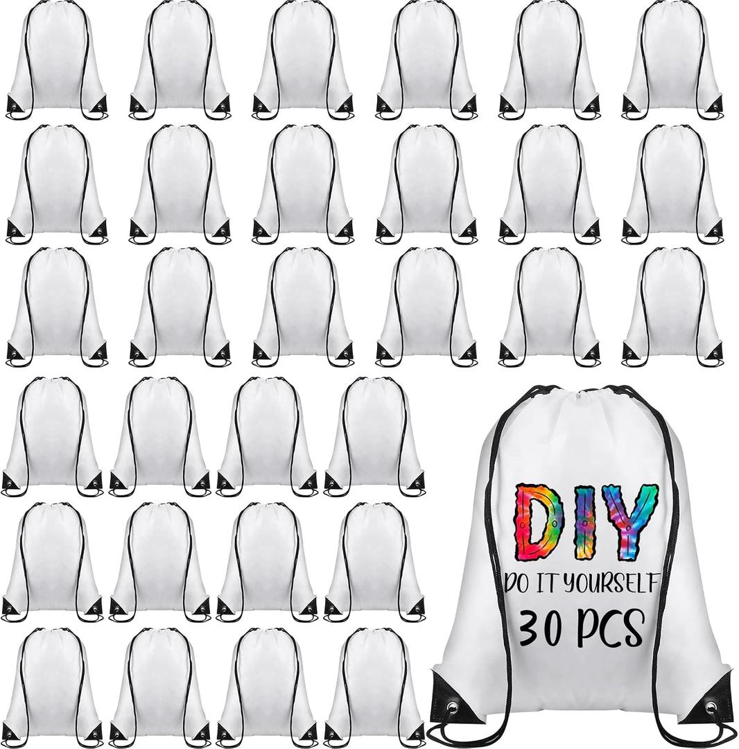Sieral 30 Pcs Blank Sublimation Drawstring Bags Drawstring Backpack Bulk Heat Press Reusable Polyester Sublimation Bags Cinch Sackpack for Gym Sport DIY Craft, White, One Size