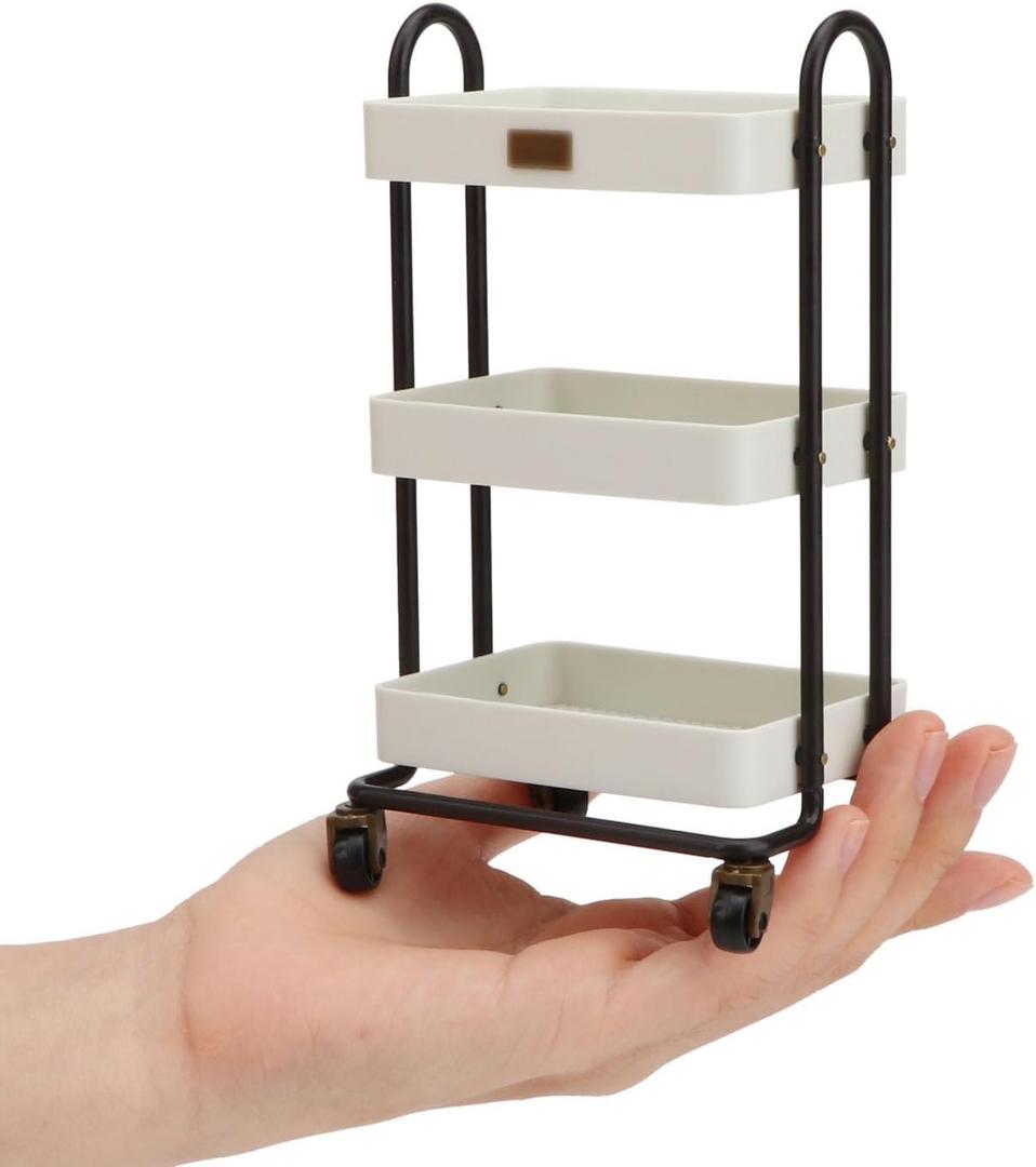 Dollhouse Miniature Handcart Rolling Cart 3 Layers Storage with Wheels for Mini House Kitchen Furniture Restaurant Trolley Dining Cart Shelf Accessories Garden Decoration (Beige)