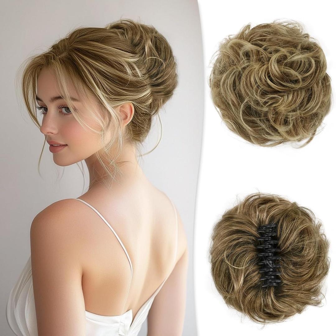 RUWISS Large Messy Bun Hair Piece with Claw Clip Human Hair Bun Wavy Curly Chignon Hair Bun Extensions Tousled Updo Hair Pieces for Women Claw Clip Ponytail for Women, Brown Mixed Light Blond (45g)