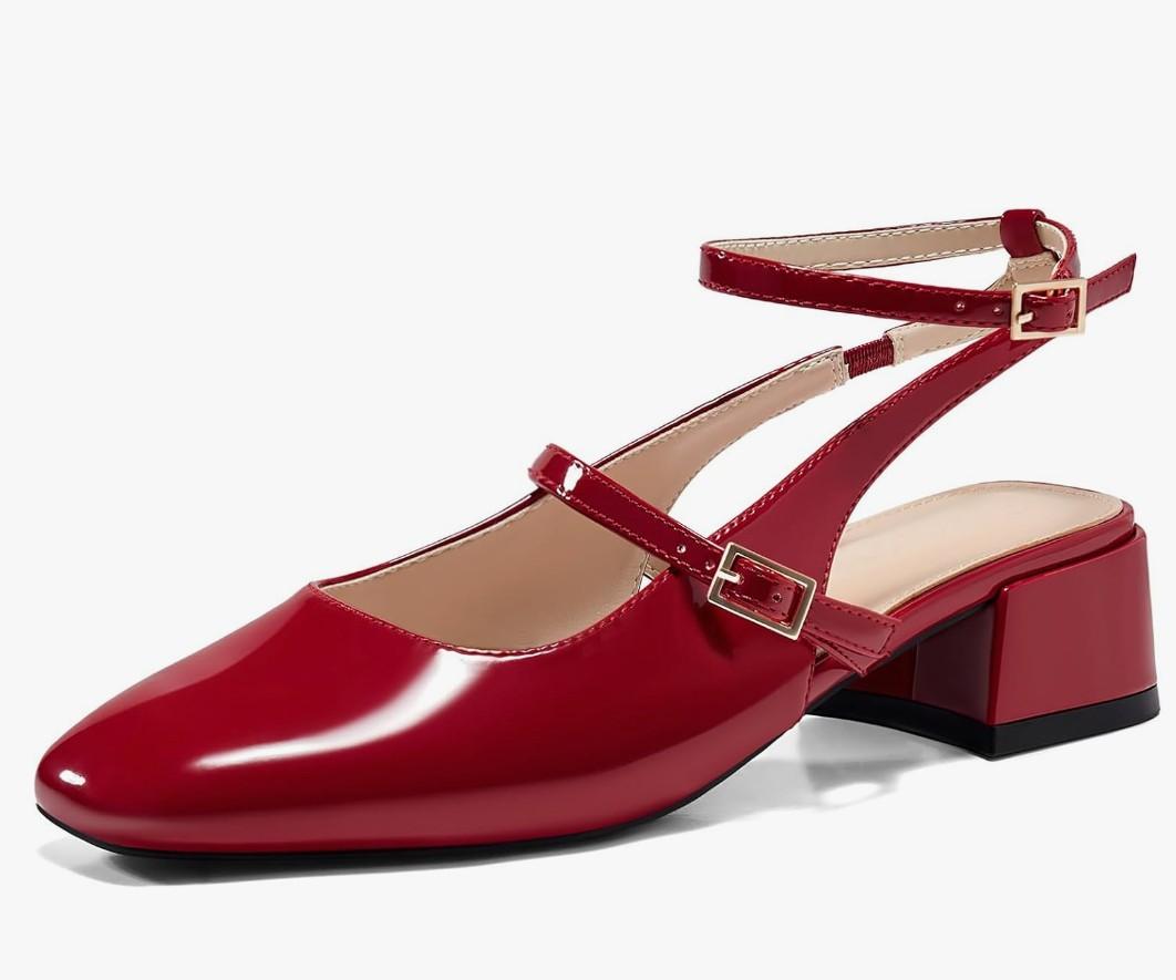 Coutgo Womens Mary Jane Chunky Low Heels Closed Square Toe Ankle Strap Pumps Wedding Party Dress Shoes 6