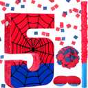 Simgoing Number 5 Spider Web Piata Bundle with Blindfold Small Piata for Kids Birthday Party Decoration Mexican Fiesta Cinco De Mayo Anniversary Celebration Gift, 15.75 x 11 x 2.8 In(Red Blue)