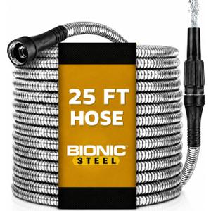 Bionic Steel 25 Ft Metal Garden Hose with Nozzle, 25Ft x 5/8 In. Premium 304 Stainless Steel Metal Water Hose, Flexible Non Kinking, Lightweight, Heavy Duty, for Yard, Outdoor