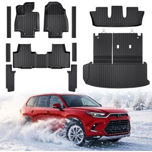 Floor Mats for Toyota Grand Highlander 2024 2025 2026(Fit 7/8 Seats, Hybrid/Gas), All Weather Car Accessories Cargo Liners with Backrest Mat and Door Sill Guards, Full Coverage Set Rubber Trunk Carpet