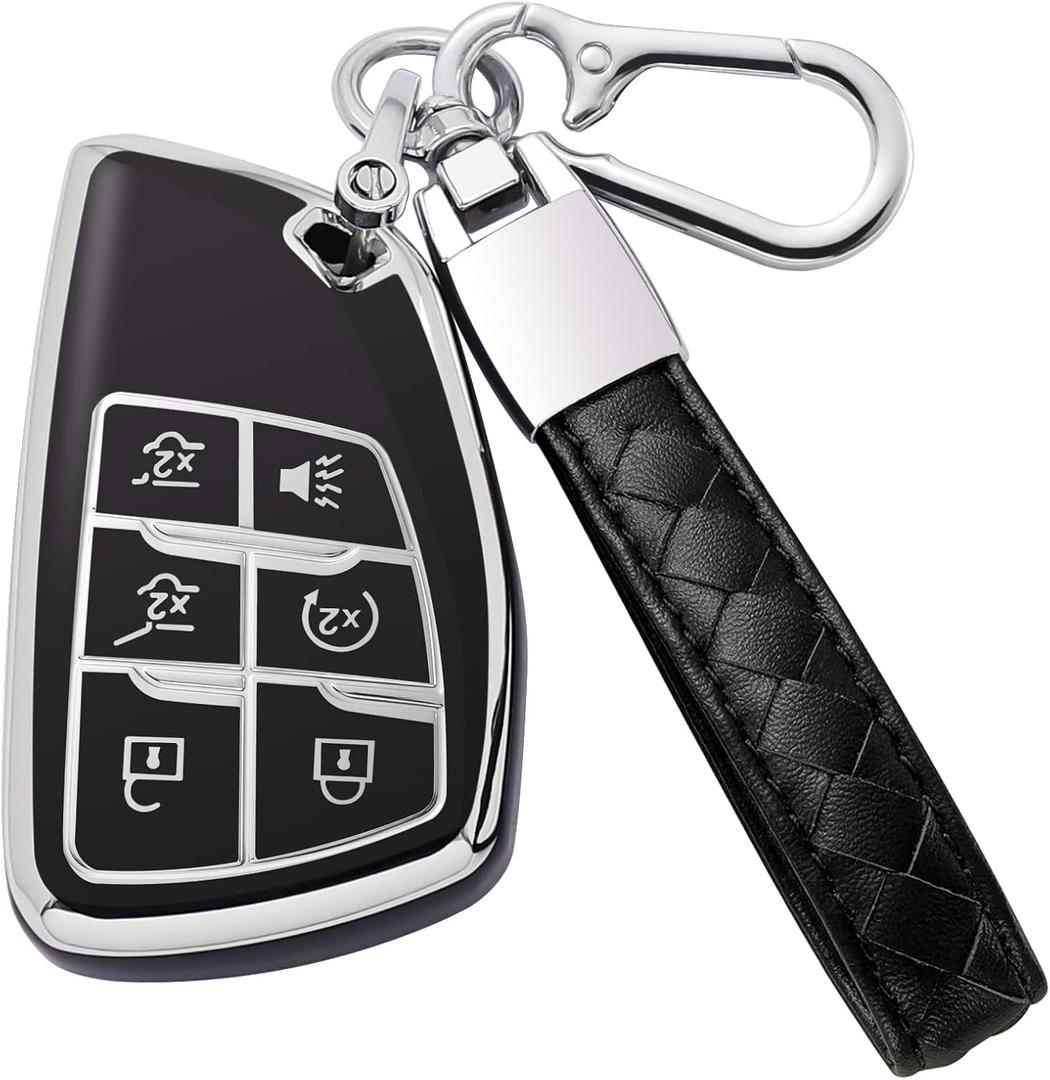 for Chevy Key Fob Cover with Keychain Soft TPU Key Case Shell Holder Fits for 2021 2022 2023 Chevrolet Suburban Tahoe Silverado 1500, for GMC Yukon Sierra, for Buick Encore 6 Button (B Black)