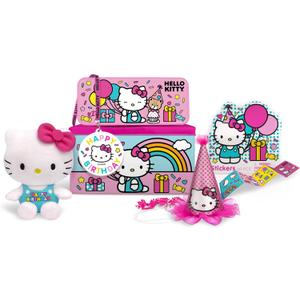 Hello Kitty Party Gift Set - Tin Box, Pencil Case, Stickers, Birthday Necklace, Plush, and Hat