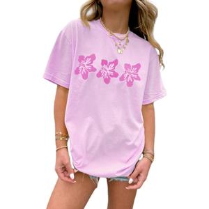 Cute Oversized Graphic Tees for Women Teen Girls Y2k Short Sleeve Graphic Baggy Shirt Vintage Aesthetic Streetwear (Small, Flower Pink)