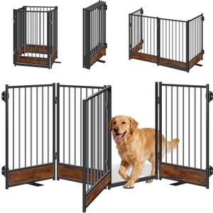 Freestanding Dog Gates with Door Metal Wood for Outdoor Indoor, 81'' Extra Wide 32'' Tall 4 Panels Free Standing Pet Gate for Doorways, Large Openings, Deck,Yard, Foldable Safety Dog Fence, Black