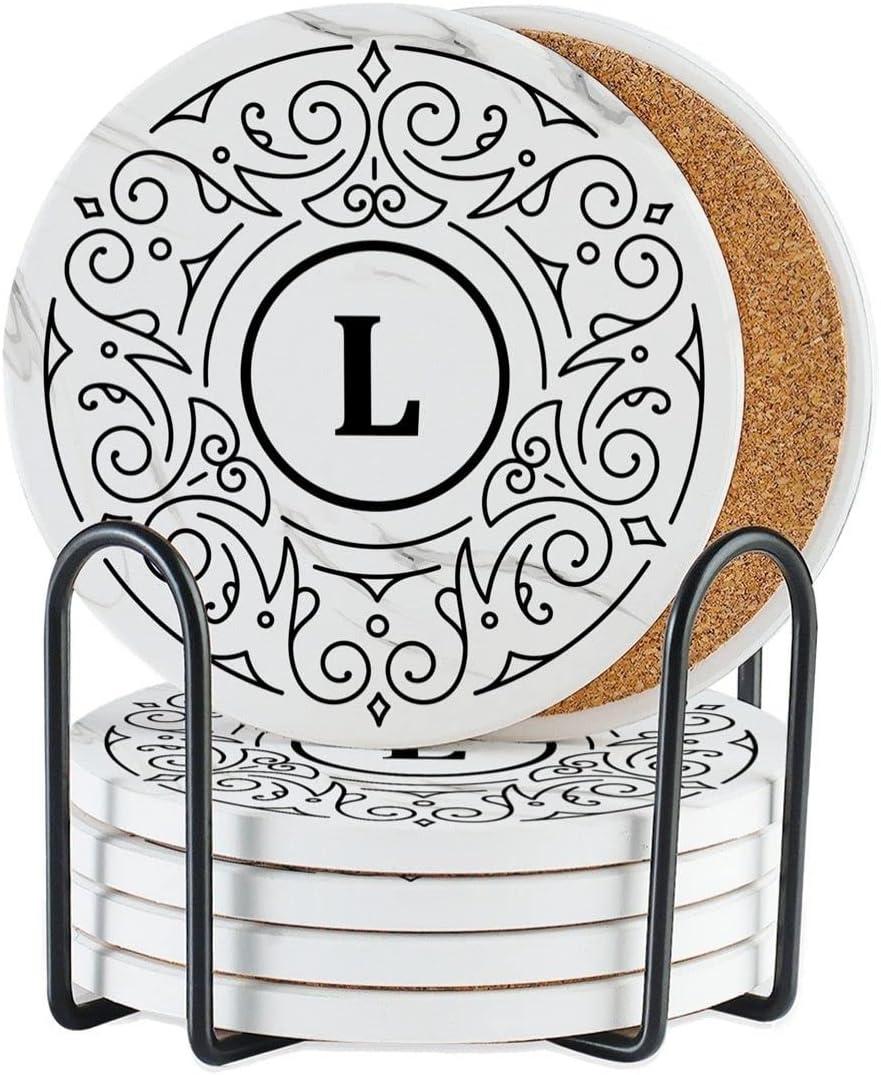 Onebttl Monogrammed Coaster Gifts Set of 6, Initial Letter, Ceramic, Absorbent with Cork Base, Home Decor for Family, Housewarming, Thanksgiving, Friends, Birthday, Christmas - L