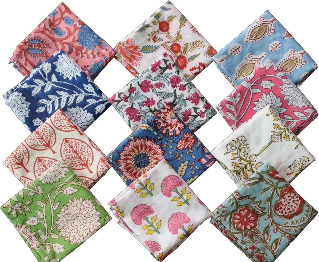 Assorted 10 Pcs Napkins Set 16x16 Inches Hand Block Floral Multicolor Printed Washable 100% Cotton Bohemian Weddings Napkins Mix and Match Reusable Cocktail Table Cloth Dinner Napkins