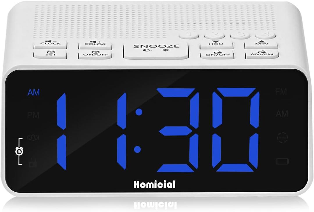 Digital Alarm Clock Radio with AM/FM Radio, Multi-Colors 1.4 LED Digits, Preset, Sleep Timer and Clear Display with Dimmer for Bedroom Bedside, Outlet Powered with Battery Backup (White)