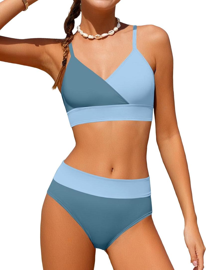 Girls Swimsuit V Neck Bikini Set Color Block with Cover Up 3Pcs Bathing Suits, Gray Blue 2, 11-12 Years